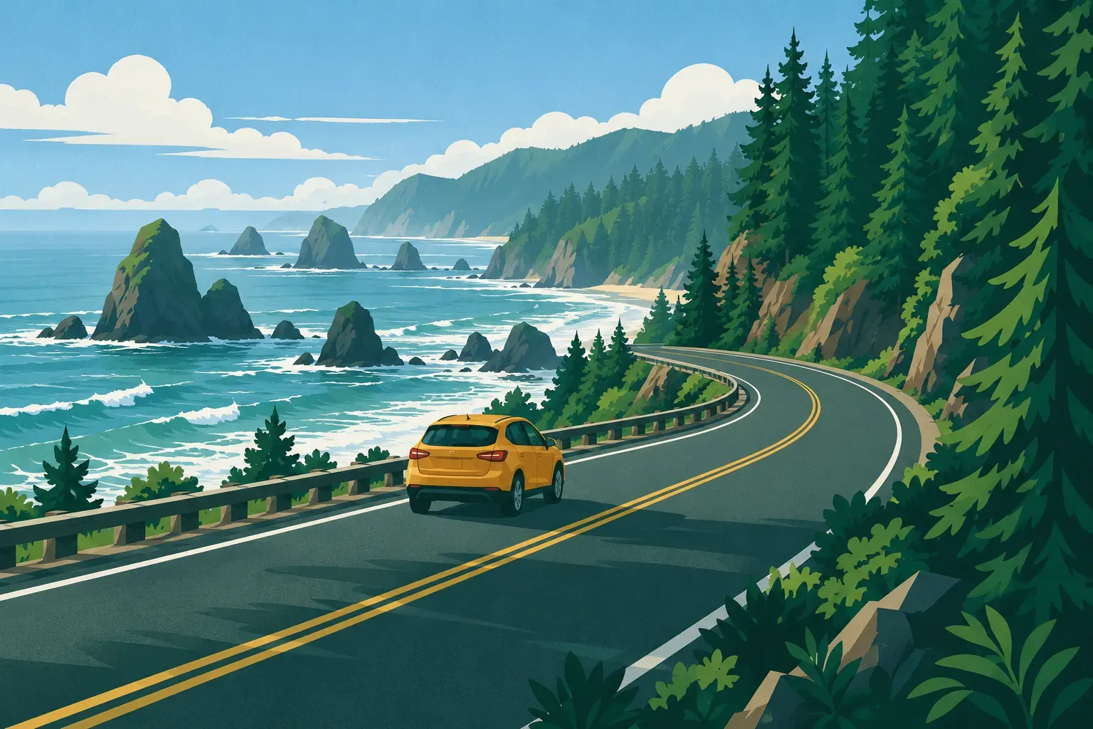 A coastal highway with sea stacks and evergreen forests, a typical landscape of Oregon