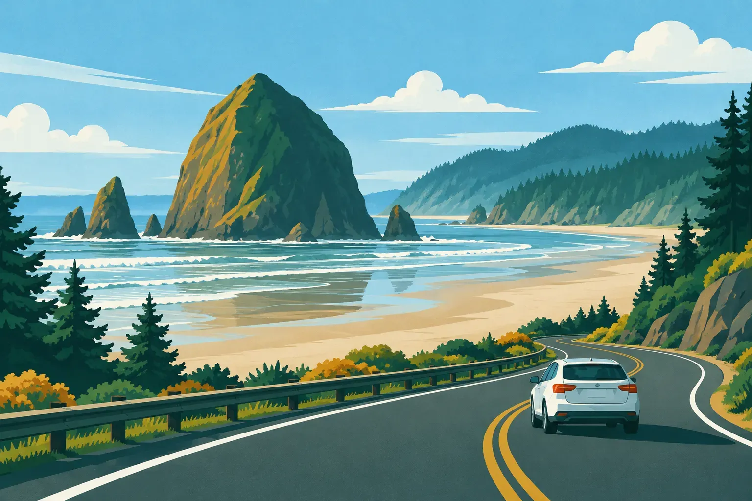 Haystack Rock on Cannon Beach with evergreen headlands, in Oregon